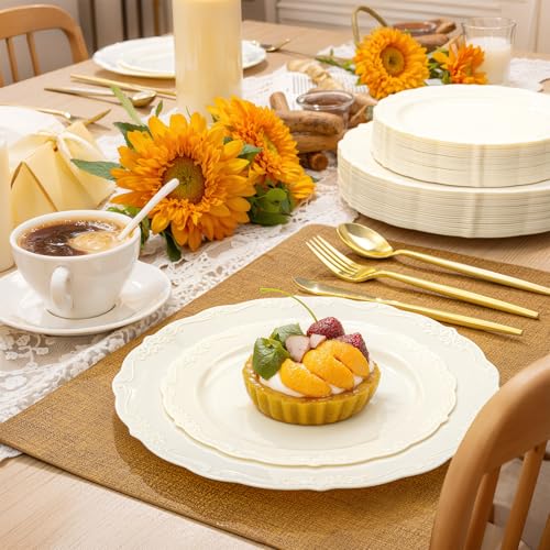U-QE Ivory Disposable Plastic Plates for Parties, Weddings & Events - 100 Pack