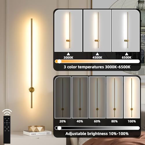 Brushed Gold 39.3-Inch Wireless Battery Wall Sconce Set of 2 with Dimming & Remote