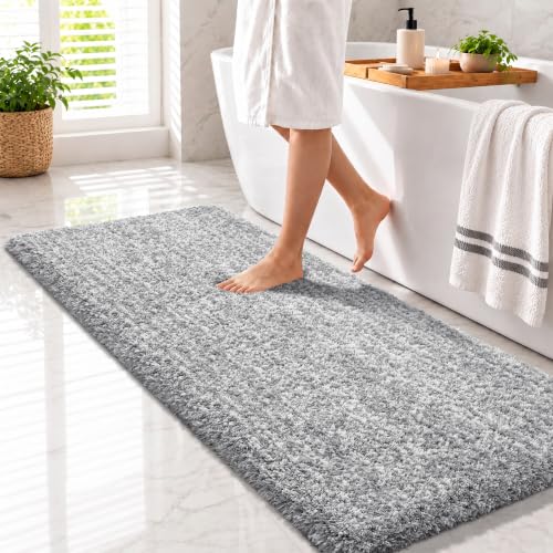 Yimobra Gray & White Bathroom Runner Rug 60x24 Non Slip Washable Plush Mat