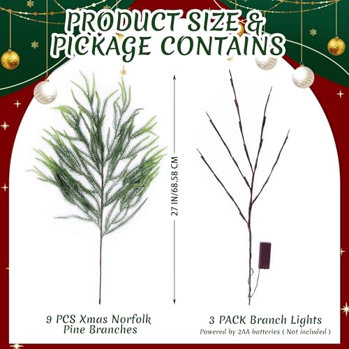 MGupzao 12Pcs 27-Inch Christmas Norfolk Pine Stems with Lights, Green
