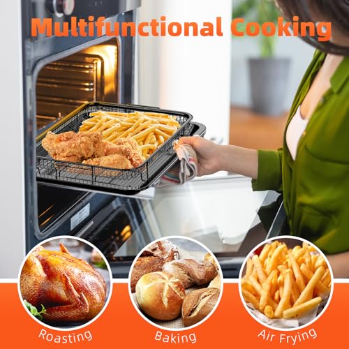 Air Fryer Basket Set for Oven - Large & Medium Non-Stick Stainless Steel with Parchment Paper - Black (L+M)