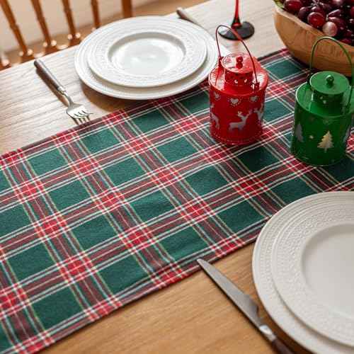 Joyfol Day 13x72 Inch Green Tartan Christmas Table Runner - Stain Resistant & Washable, Holiday Decor for Xmas, New Year's, Winter Dining