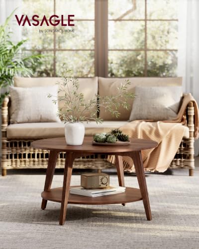 VASAGLE 2-Tier Round Coffee Table - Chestnut Walnut, Mid-Century Modern, 31.5 Inch Diameter