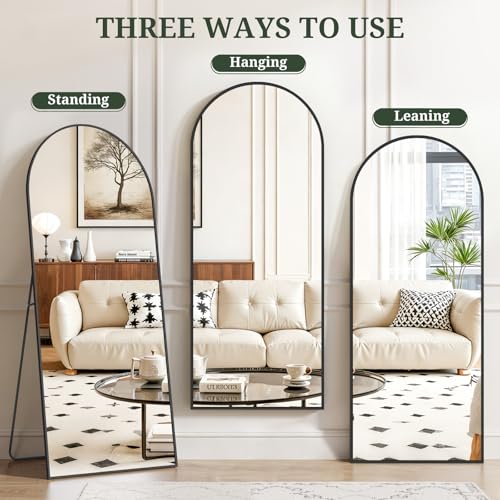 Matte Black Full Length Floor Mirror 65x24 Arched Full Body Mirror with Stand