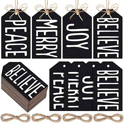 60 Pcs Wooden Tag Labels Christmas Wishes Tree Ornament Plaid Printed Ornament Buffalo Merry Peace Joy Hanging Tag with Ropes for Xmas Tree Decor(Black,60 Pcs)