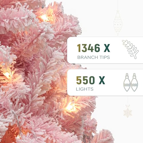 YITAHOME 7.5ft Pink Flocked Christmas Tree with Warm White Lights & 1346 Tips - Prelit Holiday Decor