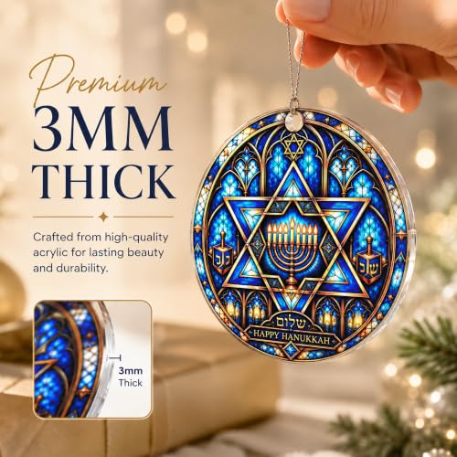 NELXI HappyHanukkahOrnament: Stained Glass Round Blue & Gold Acrylic Ornament - 4in