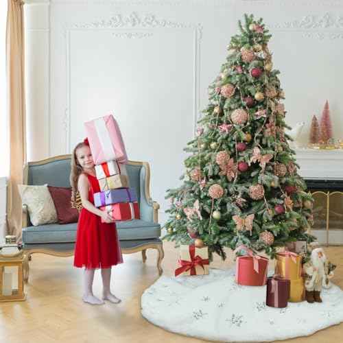 Christmas Tree Skirt 30 Inches Double Layers Silver Sequin Embroidered Snowflakes Tree Skirt White Luxury Faux Fur Christmas Decorations Holiday Party Decoration