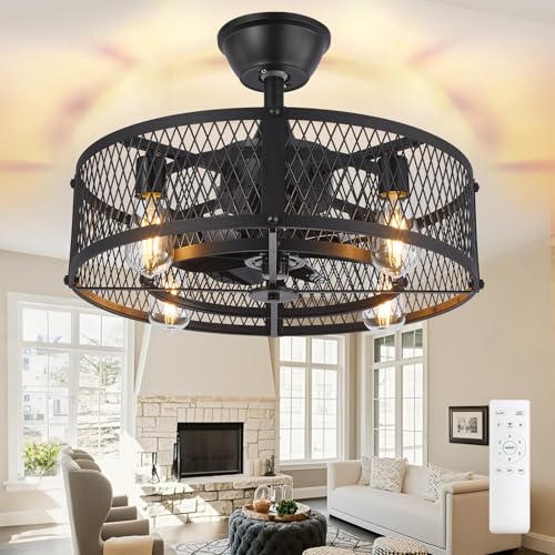 20-Inch Farmhouse Caged Ceiling Fan with Light and Remote Control - Black Rustic Style
