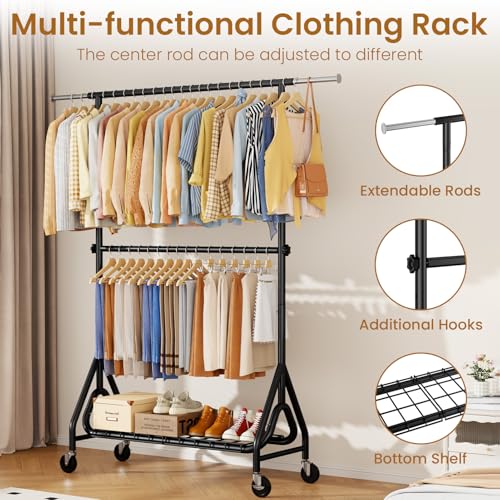 Heavy Duty Clothes Rack with Double Rods & Lockable Wheels - Black, 78-Inch