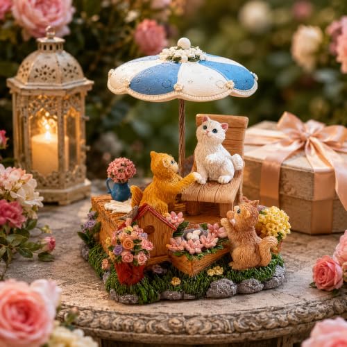 Cat Music Box with Rotating Umbrella, Hand-Painted Resin Figurine