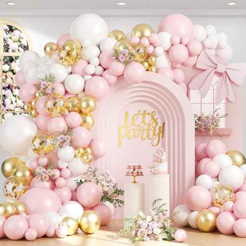 Pink and White Gold Balloon Arch Garland Kit 153pcs with Star, 22 18 12 10 5in Different Size Pink white Metallic Gold Confetti Balloons for Birthday Baby Shower Wedding Party Decorations