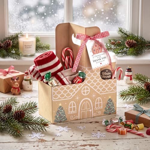 AmazingSpark Gingerbread House Christmas Drink Carriers - 24 Pack with Thank You Tags & Red Ribbon