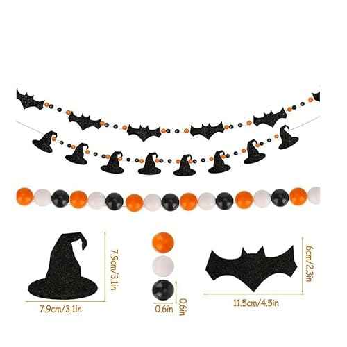 2 Pcs Halloween Bat Decorations Black Felt Bats with Witches Wood Beads Garland Scary Halloween Decoration for Fireplace Mantle Walls Haunted House Decoration (Black-2pcs)
