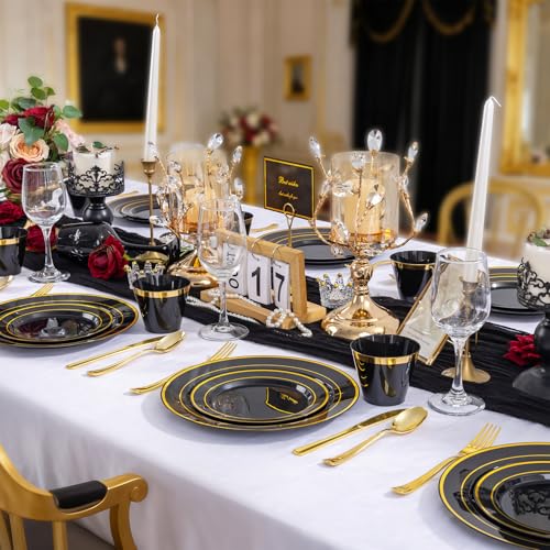 Disposable Dinnerware Set for 100 Guests Black and Gold 600 Pcs - Elegant Party Plates & Cutlery