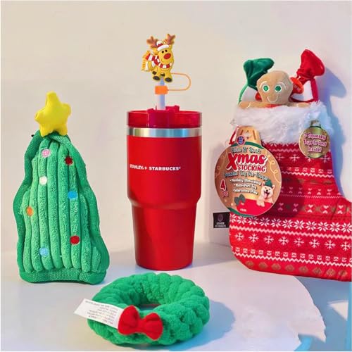 Winter 6-Pack Christmas Silicone Straw Covers for Stanley Cups - Reusable Snowflake Elk Santa Toppers
