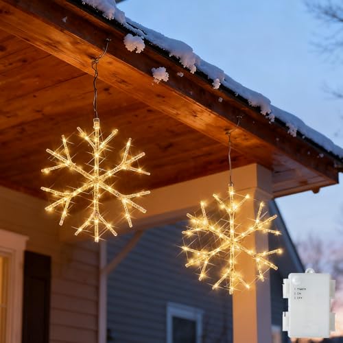 Hairui 2 Pack White Snowflake LED Lights Battery Operated with Timer 70 LEDs 14in Window Christmas Decor