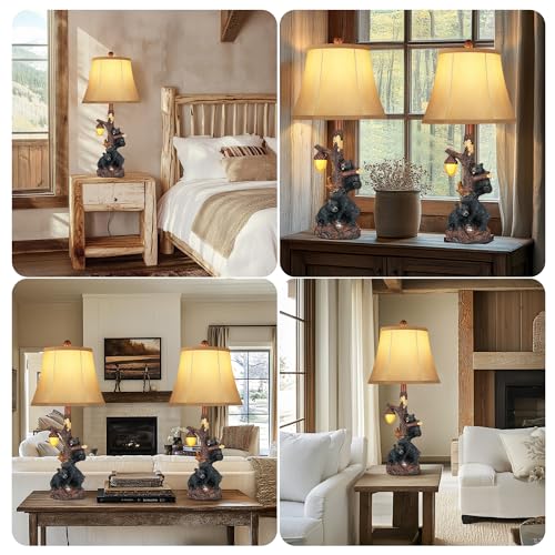 Rustic Bear Bedside Table Lamps Set of 2 with Nightlight & USB Ports