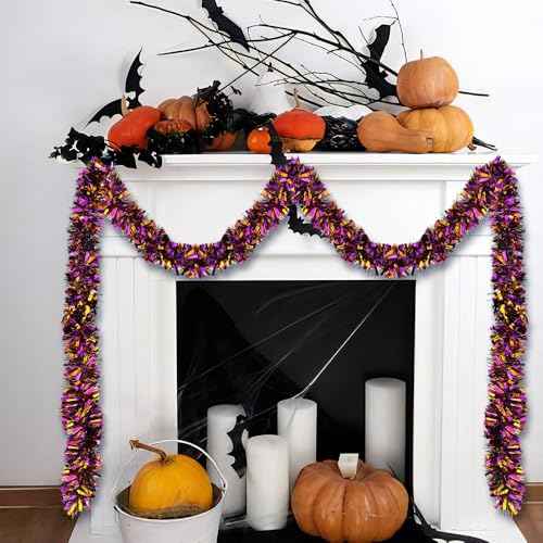 JXITON 33FT Halloween Tinsel Garland Metallic Hanging Twisted Garland for Halloween Party Home Decoration,Orange Purple Black