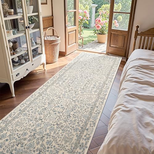 Jinchan Blue/Cream 3x10 Washable Floral Hallway Runner Rug Non-Slip