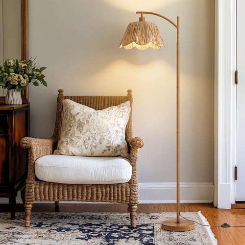 Walnut Oneach Rattan Floor Lamp with Foot Switch - Boho Farmhouse Style