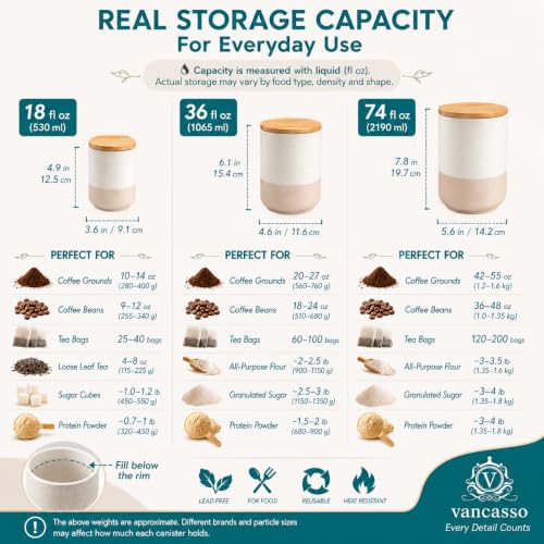 Ceramic Food Storage Canister Set of 3 - 18/36/74 OZ Kitchen Organizers