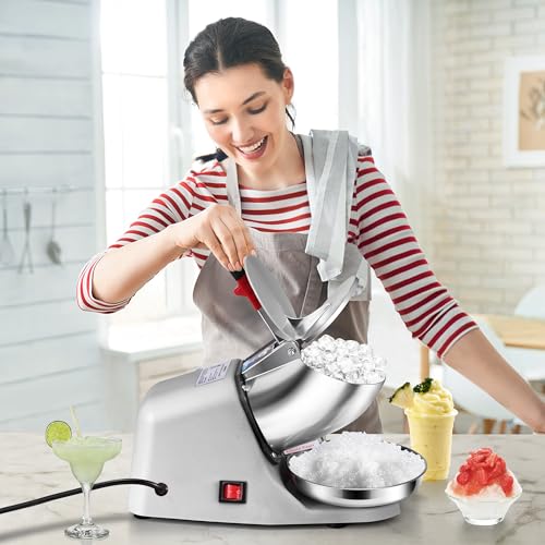 Silver Electric Ice Shaver Machine - 143lbs/hr Snow Cone Maker with Ice Pick - Home & Commercial Use - Single Blade Variation