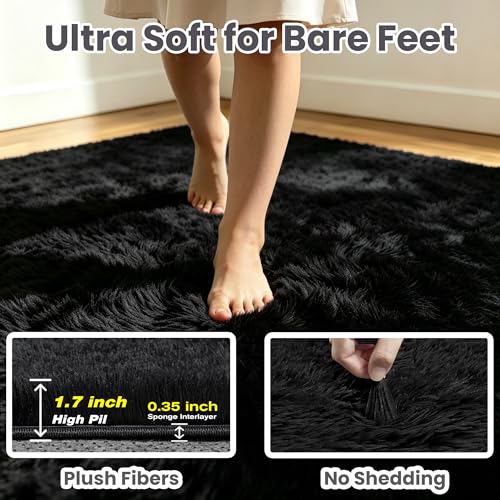 8x10 Fluffy Area Rug for Living Room: Soft Non-Slip Black Bedroom