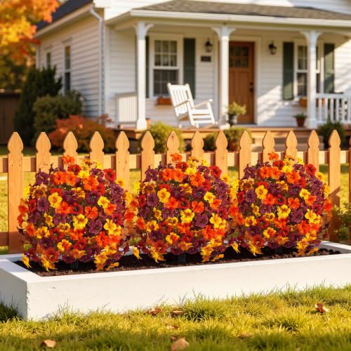 Artificial Fall Flowers with Ground Stake - 22 Inches Tall, UV Resistant Autumn Decor - Orange Yellow Brown Burgundy, 2 Pack