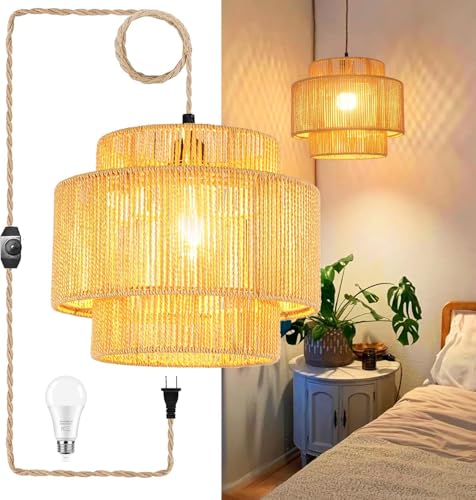 Plug-in Boho Woven Rattan Pendant Light - Dimmable Ceiling Lamp for Living Room & Bedroom - Variation of THIS listing 10