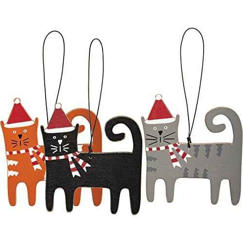 Christmas Cat Ornaments , Wood, Wire, SIZE: 3.25in x 3.50in set of 3