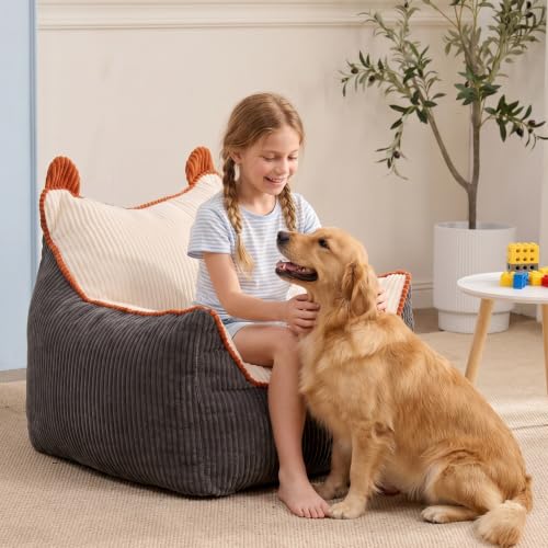 Kids Bean Bag Chair 28-Inch Plush Sofa for Reading & TV - Beige-Grey Variation