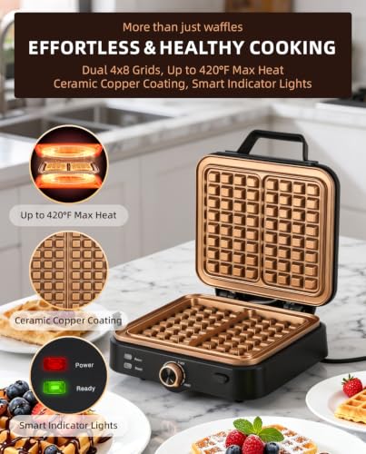 Large Belgian Waffle Maker with Copper-Coated Non-Stick Plates & Stepless Temp Control