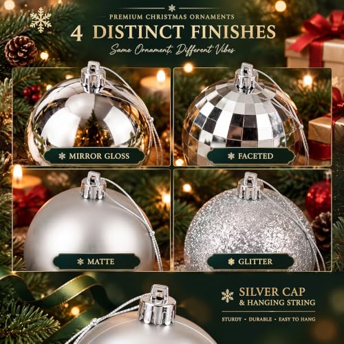 Hollowfly 20-Piece 4in Silver Christmas Ball Ornaments Bulk (Silver Finish, Matte/Gloss/Glitter/Diamond)