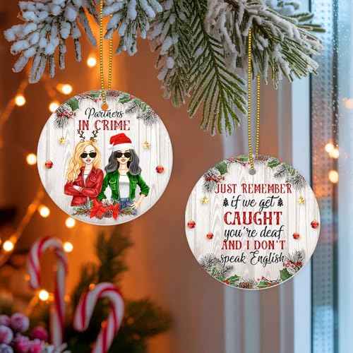 Friendship Christmas Ornament Gifts for Best Friends - Partners in Crime Funny Ornament for Xmas Tree Hanging Decorations - 2 Side Printed Ceramic Ornament
