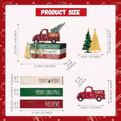 Smile Christmas Wooden Books Stack, Blieve Merry Bright Faux Books Bundle, Red Car Golden Trees Tiered Tray Decorations, for Home Table Mantle Shelf.