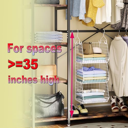 3-Tier Foldable Closet Organizer with Hooks - White Storage Baskets for Clothing & Accessories