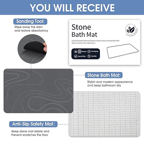 VEELOIM Stone Bath Mat Diatomaceous Earth Shower Mat - Grey Line2