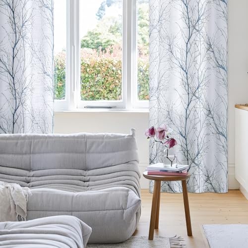 FMFUNCTEX Blue & White Linen Semi-Sheer Tree Branch Curtains, 84 Inch, Pack of 2, Branch Variation
