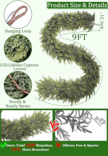 TURNMEON 9FT Extra Thick & Lush Real Touch Cedar Garland Christmas Garland, A1 Variation