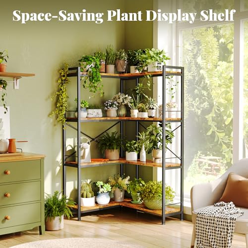 Huuger 4 Tier L-Shaped Corner Bookshelf - Rustic Brown, 8 Shelves, Metal Frame