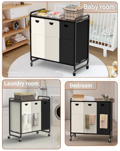 Laundry Sorter with 3 Removable Bags and Wooden Shelf - Black, Gray, White, 180L