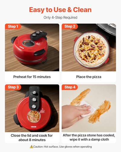 Red 14-Inch Electric Pizza Oven - Large Countertop Pizza Maker with 1600W & Adjustable Temperature