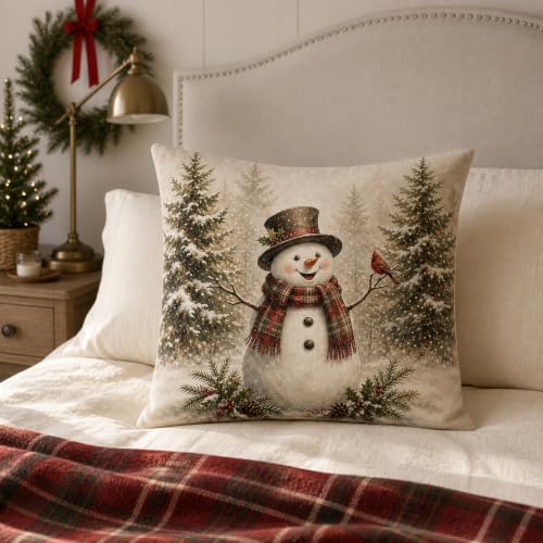 Brown Snowman Holiday Pillow Cover 18x18 for Xmas Winter Decor