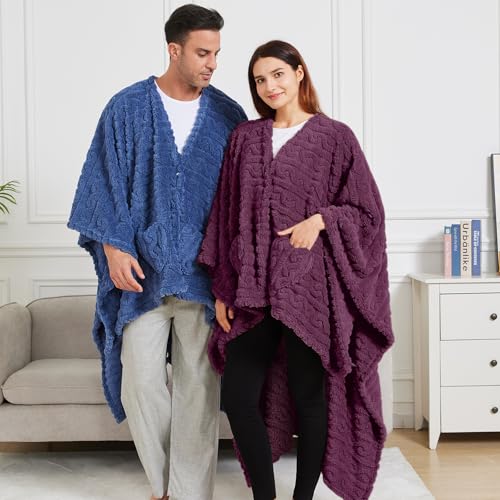 Mowkim Grape Wearable Sherpa Blanket Poncho with Pockets for Adults
