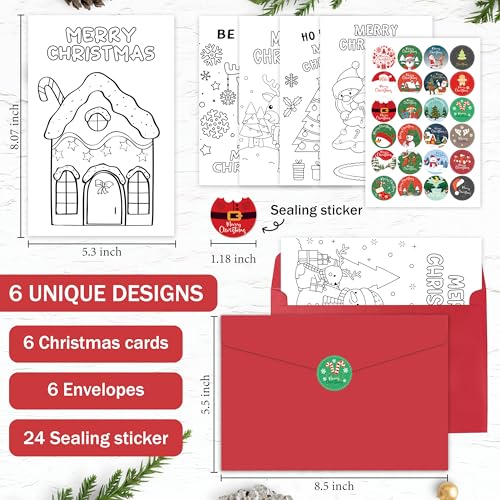 Kids Coloring Christmas Cards Set with Envelopes and Stickers - 6 Pack, Holiday DIY Holiday Crafts