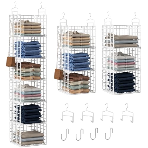 Orapoke White 6-Tier Hanging Closet Organizer Without Drawer - Metal Storage Shelves with Hooks