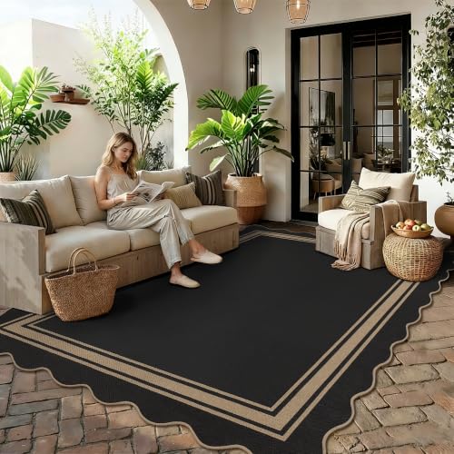 5x7 Rectangular Scalloped Jute Outdoor Rug - Black, Washable Patio Rug