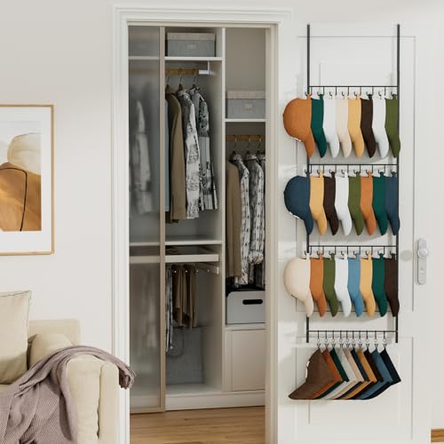 Black 4-Tier Over-the-Door Hat Organizer with 24 Hooks & 10 Clips - Fits 34 Caps