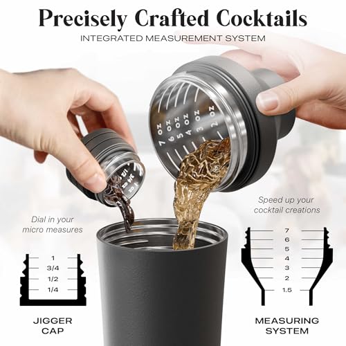 Bare Barrel Insulated Cocktail Shaker Set Matte Black - Double Wall Stainless Steel, Built-in Measure & Strainer, Travel Bag, Recipes, Gift
